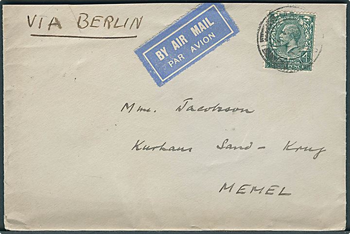 4d George V på luftpostbrev med svagt stempel d. 9.7.1931 til Kurhaus Sand Krug, Memel. Påskrevet via Berlin. Transitstemplet Berlin d. 10.7.1931 og ank.stemplet Kleipeda d. 11.7.1931.