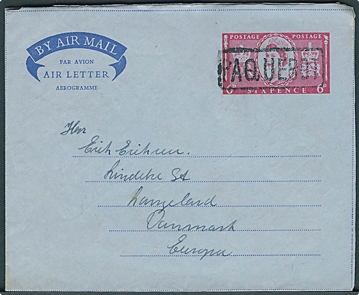 6d Elizabeth helsags aerogram med indhold skrevet ombord på S/S Arcadia i den Arabiske Bugt d. 7.11.1955 annulleret med indisk skibsstempel Paquebot og på bagsiden sidestemplet H d. 9.11.1955 til Lindelse på Langeland, Danmark.