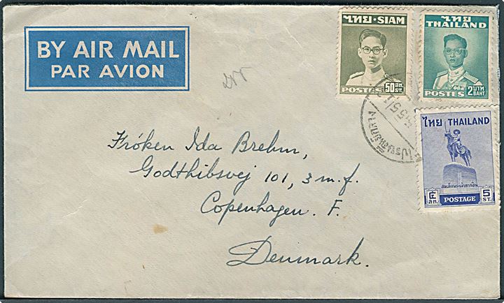 2 baht 55 st. blandingsfrankeret luftpostbrev fra 1955 til København, Danmark.
