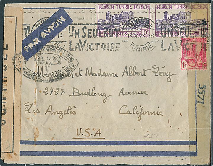 21 fr. frankeret luftpostbrev fra Tunis d. 14.9.1944 til Los Angeles, USA. Åbnet af både fransk og amerikansk censur.