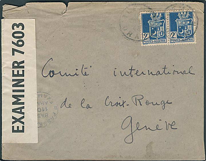2 fr. i parstykke på brev med svagt stempel 1943 til Internationalt Røde Kors i Geneve, Schweiz. Både amerikansk base censur og åbnet af britisk censur PC90/7603.