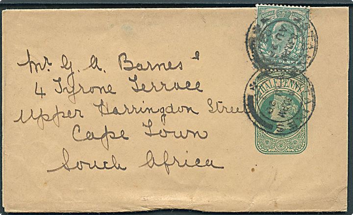 ½d Victoria helsags korsbånd opfrankeret med ½d Edward VII fra Staines d. 28.8.1902 til Cape Town, South Africa.