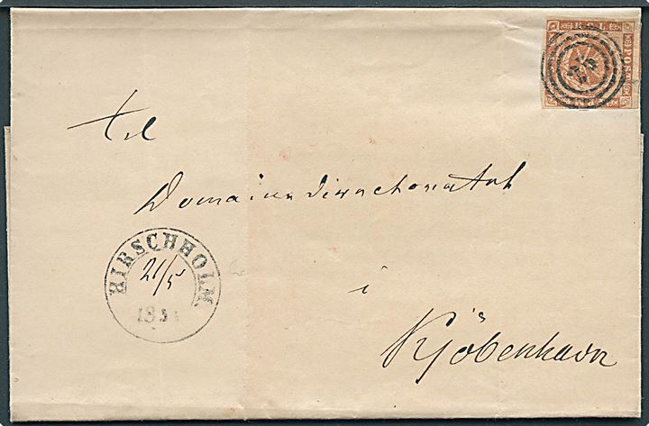 4 sk. 1854 udg. på brev annulleret med nr.stempel 25 og sidestemplet med 1½-ringsstempel Hirschholm. d. 21.5.1855 til Kjøbenhavn. Delvis håndskrevet dato.
