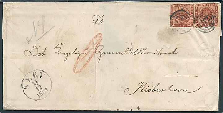 4 sk. 1854 dg. i parstykke på dobbeltbrev annulleret med nr.stempel 112 og sidestemplet antiqua Sæby d. 14.12.1859 til Kjøbenhavn