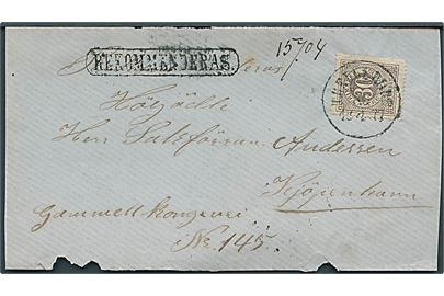 30 öre Ciffer single på BREVFORSIDE af anbefalet brev stemplet Helsingborg d. 30.4.1877 til Kjøbenhavn, Danmark. Ovalt stempel: REKOMMENDERAS.