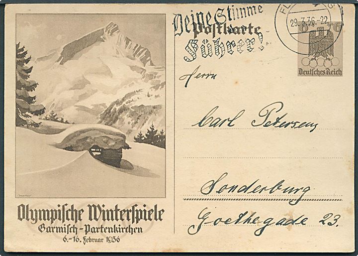6+6 pfg. illustreret Vinter Olympiade helsagsbrevkort sendt til GRÆNSEPORTO fra Flensburg d. 29.3.1936 til Sønderborg, Danmark.
