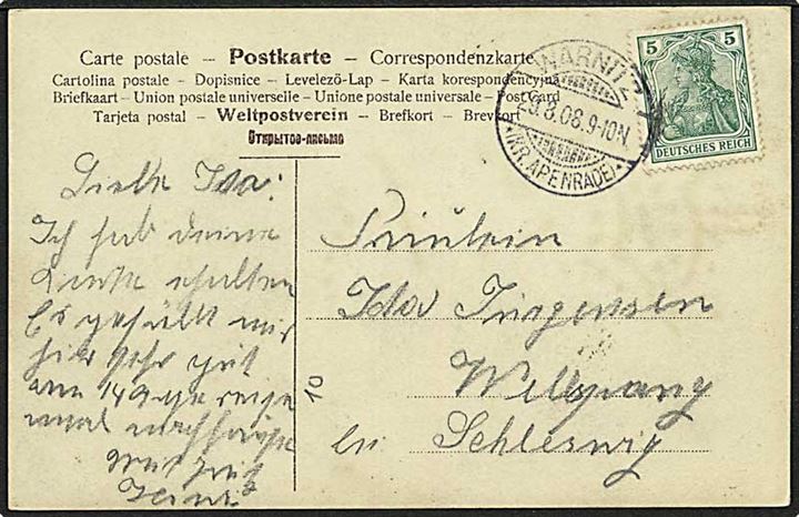5 pfg. Germania på brevkort stemplet Warnitz *(Kr.Apenrade)* d. 29.8.1908 til Schleswig.