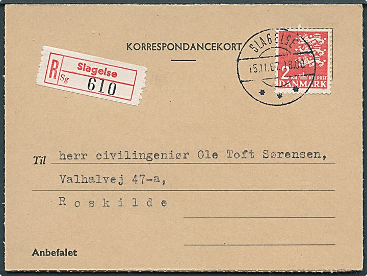 2 kr. Rigsvåben single på korrespondancekort sendt anbefalet fra Slagelse d. 15.11.1967 til Roskilde.