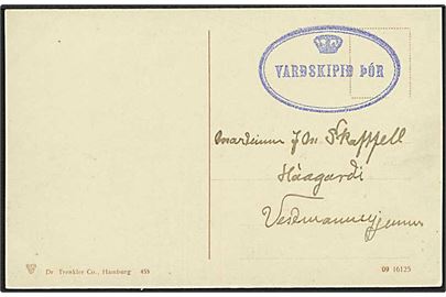 Ufrankeret brevkort (Hapag schnelldampfer Deutschland) med oval stempel Krone / Vardskipid Thor (Bevogtningsskibet Thor) til Haagardi på Vestmanaøerne.
