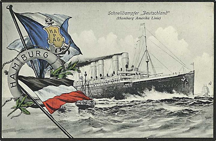 Ufrankeret brevkort (Hapag schnelldampfer Deutschland) med oval stempel Krone / Vardskipid Thor (Bevogtningsskibet Thor) til Haagardi på Vestmanaøerne.