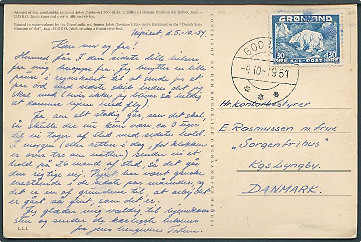 30 øre Isbjørn på brevkort (Jakob Danielsen: Hundeslædekører) dateret Nipisat og stemplet Godhavn d. 4.10.1954 til Lyngby, Danmark.