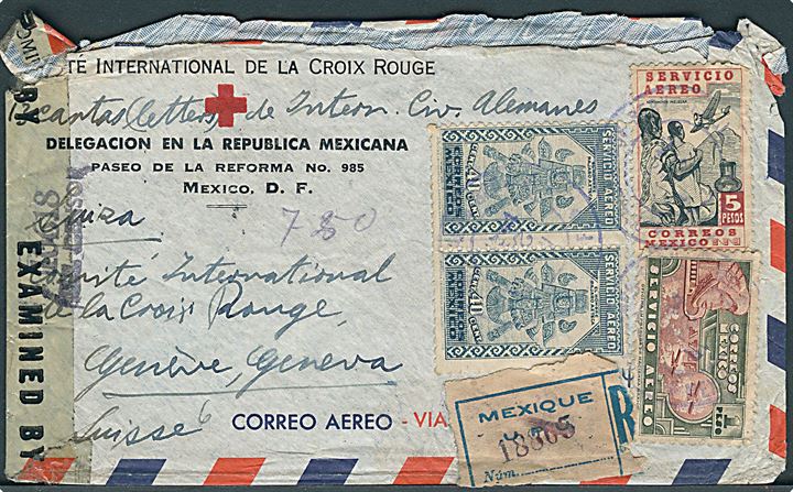 6,80 p. blandingsfrankeret fortrykt kuvert fra Mexicansk Røde Kors sendt som anbefalet luftpost i 1944 via New York til Internationalt Røde Kors i Geneve, Schweiz. Påskrevet fra Tysk civil interneret. Åbnet af både mexicansk og amerikansk censur. Foldet i toppen.