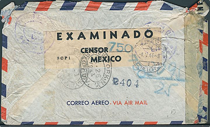 6,80 p. blandingsfrankeret fortrykt kuvert fra Mexicansk Røde Kors sendt som anbefalet luftpost i 1944 via New York til Internationalt Røde Kors i Geneve, Schweiz. Påskrevet fra Tysk civil interneret. Åbnet af både mexicansk og amerikansk censur. Foldet i toppen.