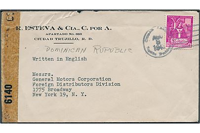 3 c. på brev fra Ciudad Trujillo d. 3.8.1943 til New York, USA. Åbnet af amerikansk censur.