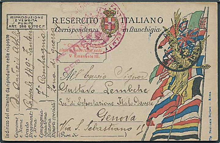 Ufrankeret feltpostkort stemplet Posta Militare *4* d. 15.9.1918 til Genova. Afdelingsstempel og censur.