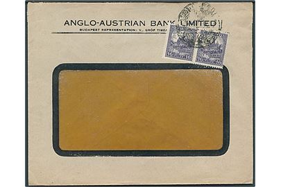 16 f. i parstykke med perfin AOB på fortrykt rudekuvert fra Anglo-Austrian Bank Limited i Budapest. Svag dato.