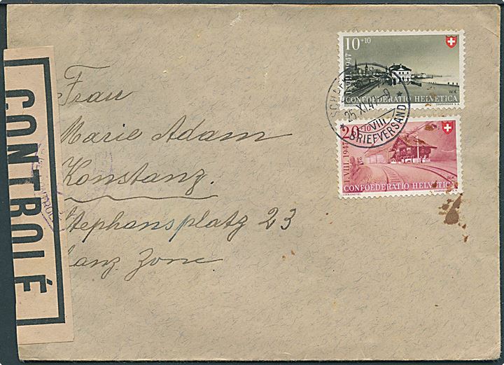 10+10 c. og 20+10 c. Velgørenhed på brev fra Schaffhausen d. 25.11.1947 til Konstanz, Tyskland. Åbnet af allieret censur i den franske zone af Tyskland.