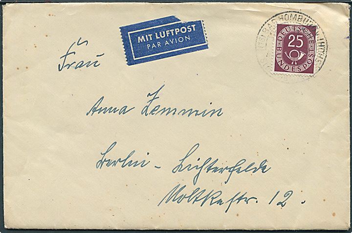 25 pfg. Posthorn single på indenrigs luftpostbrev fra Bad Homburg d. 6.1.1953 til Berlin.