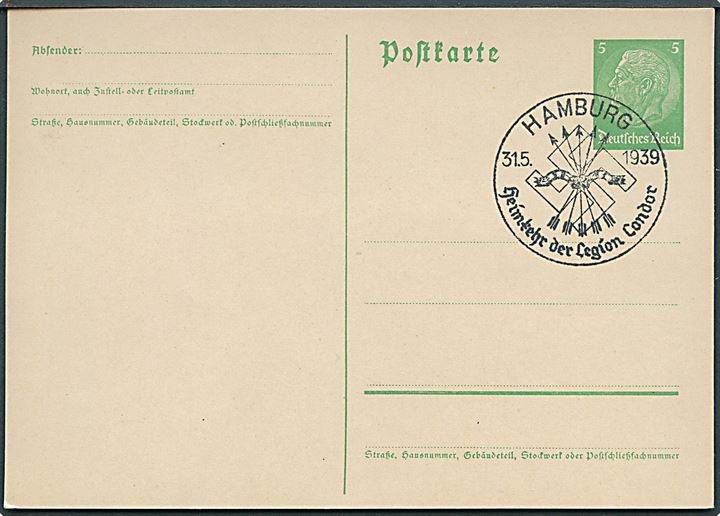 5 pfg. Hindenburg helsagsbrevkort med særstempel Hamburg / Heimkehr der Legion Condor d. 31.5.1939. Uadresseret. 