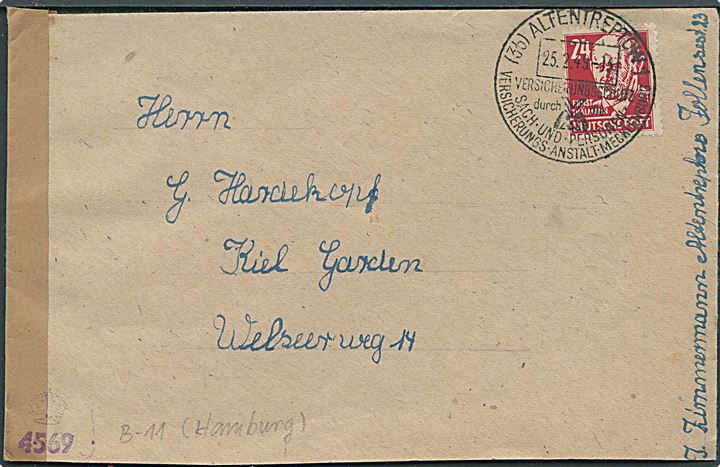 24 pfg. Thällmann single på brev fra Altentreptow d. 25.2.1949 til Kiel. Åbnet af sen allieret censur/toldkontrol (krone)/4569.