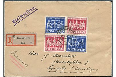 24 pfg. og 50 pfg. Hannover Exportmesse i sammentrykt fireblok på anbefalet brev fra Hannover d. 17.6.1948 til Lyngby, Danmark.