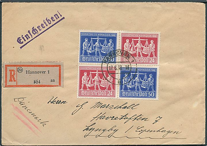 24 pfg. og 50 pfg. Hannover Exportmesse i sammentrykt fireblok på anbefalet brev fra Hannover d. 17.6.1948 til Lyngby, Danmark.