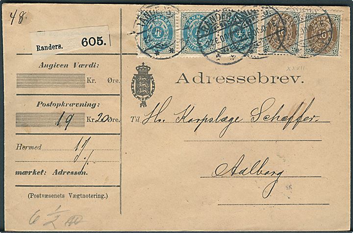 4 øre omv. rm. (3-stribe) og 16 øre (par) Tofarvet på 44 øre frankeret adressebrev for pakke med opkrævning fra Randers d. 22.6.1900 til Aalborg.