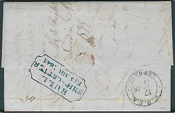 1848. Portobrev fra Hull påskrevet pr. Leeds med rammestempel Hull Ship-Letter d. 14.3.1848 via K.D.P.A. Altona d. 17.5.1848 til Randers. Påskrevet 47 sk. dansk porto. Fuldt indhold. Dampskibet Leeds besejlede ruten Hull - Hamburg.