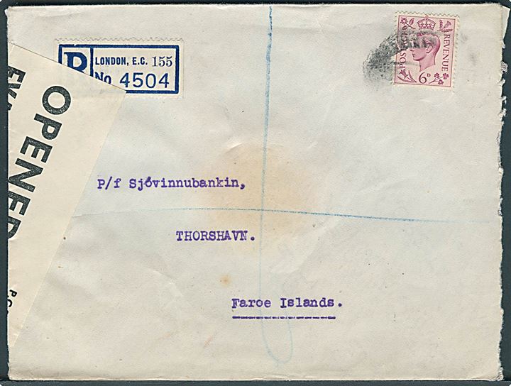 6d George VI single på anbefalet brev fra London 1945 til Thorshavn, Færøerne. Åbnet af britisk censur PC90/5587 og ank.stemplet Thorshavn d. 10.5.1945.