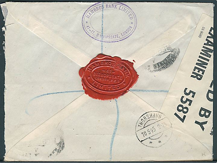 6d George VI single på anbefalet brev fra London 1945 til Thorshavn, Færøerne. Åbnet af britisk censur PC90/5587 og ank.stemplet Thorshavn d. 10.5.1945.