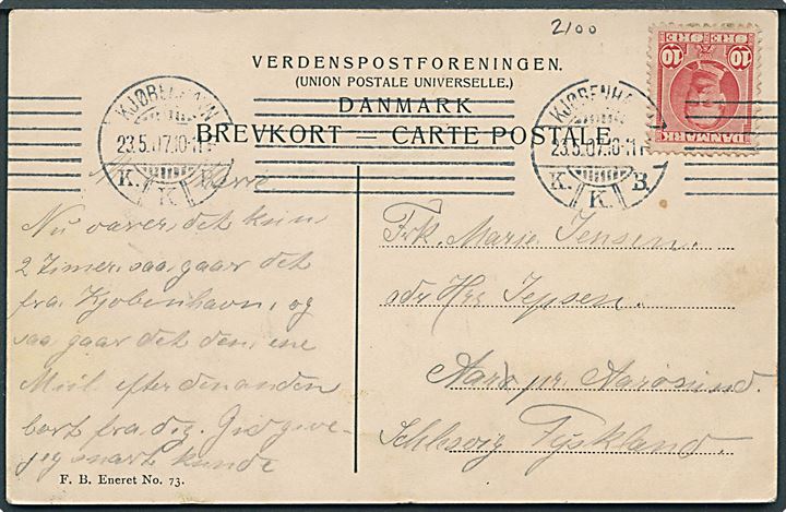 København. Langelinies Pavillon. Koloreret. Fritz Benzen type II no. 73. Frankeret med 10 øre Fr. VIII fra Kjøbenhavn d. 23.5.1907 til Aarö pr. Aarösund i Nordslesvig.