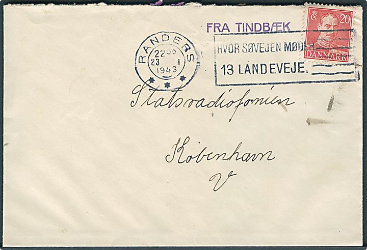 20 øre Chr. X på brev annulleret med TMS i Randers d. 23.1.1943 og sidestemplet med kassetømningsstempel FRA TINDBÆK til København.