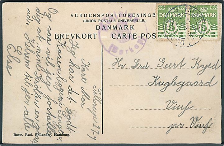 5 øre Bølgelinie i parstykke på brevkort annulleret med bureaustempel Fredericia - Aalborg d. 27.7.1938 og sidestemplet med uldent posthornstempel Brejning (Børkop) til Viuf.