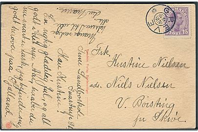 15 øre Chr. X på brevkort fra Tune Landboskole annulleret med stjernestempel GREVE til V. Børsting pr. Skive.