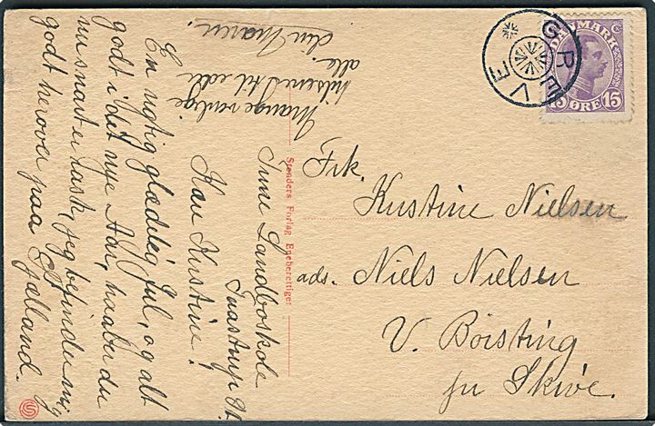 15 øre Chr. X på brevkort fra Tune Landboskole annulleret med stjernestempel GREVE til V. Børsting pr. Skive.