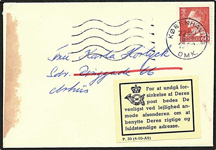 60 øre rød Fr. IX på brev fra København d. 6.1.1960 til Århus. Ubekendt efter adressen. Returneret med vignet angående fuldstændig adresse.