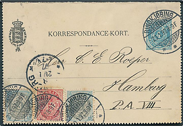 4 øre helsagskorrespondancekort opfrankeret med 3 øre Tofarvet (2) og 10 øre Våben fra Ringkjøbing d. 20.1.1897 til Hamburg, Tyskland.