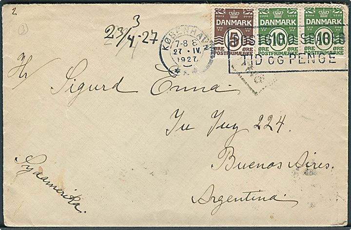 5 øre og 10 øre (par) Bølgelinie på brev fra København d. 27.4.1927 til Buenos Aires, Argentina.