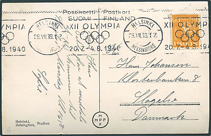 1,25 mk. Løve på brevkort (Det Olympiske Stadion) annulleret med TMS XII OLYMPIA 20.7.-4.8.1940/Helsingfors d. 29.7.1939 til Slagelse, Danmark.