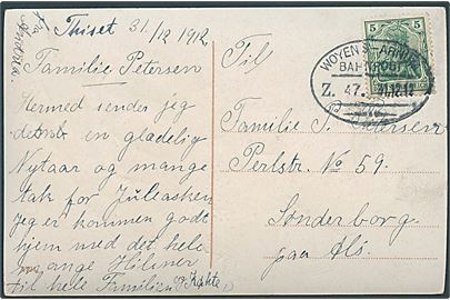 5 pfg. Germania på nytårskort fra Thiset annulleret med bureaustempel Woyens - Arnum Bahnpost Z.47 d. 31.12.1912 til Sønderborg.