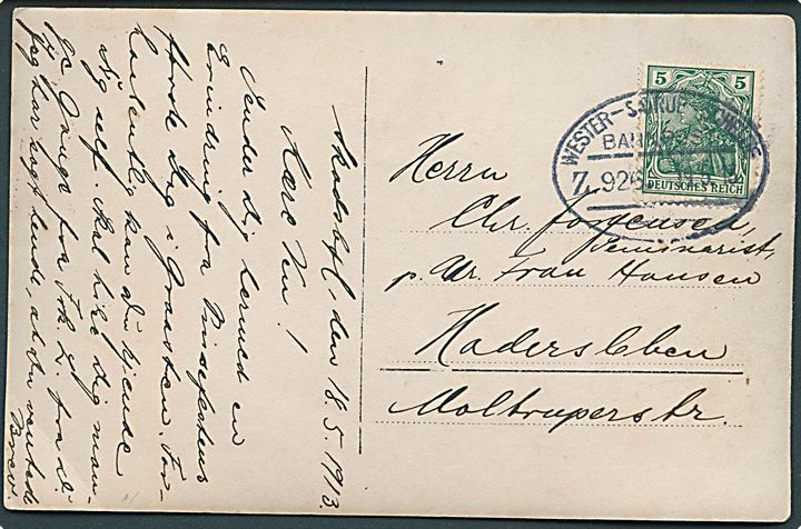5 pfg. Germania på brevkort dateret Skodsbøl annulleret med bureaustempel Wester-Satrup - Schelde Bahnpost Z.926 d. 19.5.1913 til Haderslev.