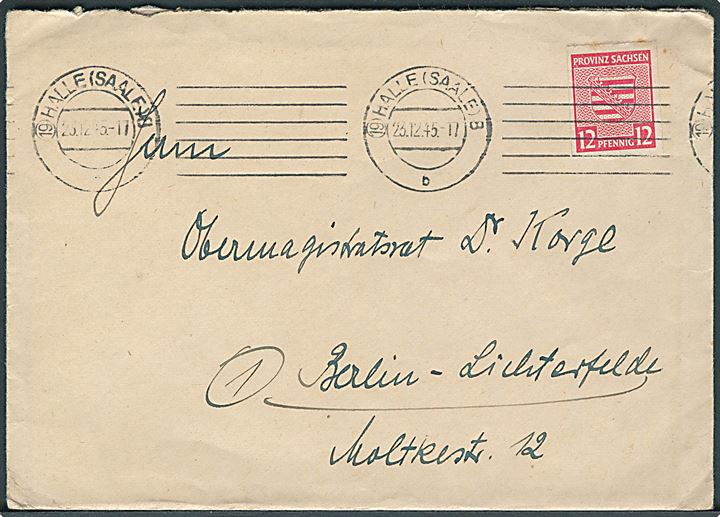 Sachsen. 12 pfg. Våben utakket single på brev fra Halle d. 23.12.1945 til Berlin.