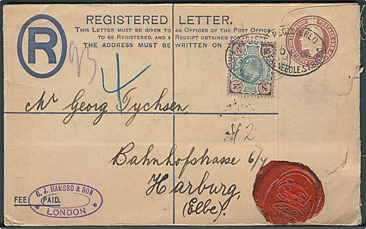 3d Edward VII anbefalet helsagskuvert opfrankeret med 4d Edward VII fra London d. 30.11.1904 til Harburg, Tyskland.