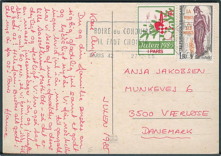 1,80 fr. og Dansk Kirke i Udlandet Julemærke 1985 på brevkort fra Paris d. 27.12.1985 til Værløse.