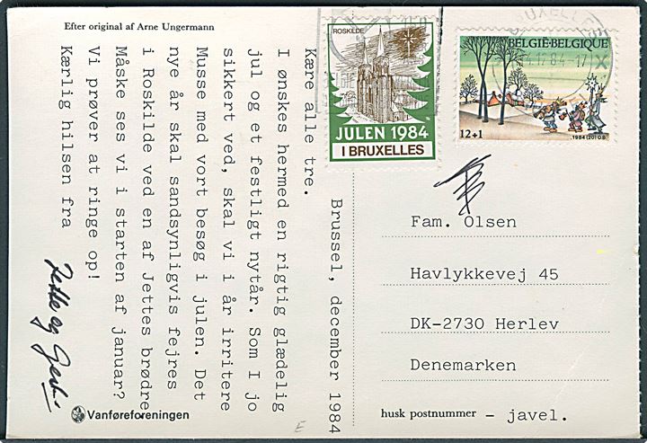 12+1 fr. Jule udg. og Dansk Kirke i Udlandet Julemærke 1984 på brevkort fra Bruxelles d. 14.12.1984 til Herlev.