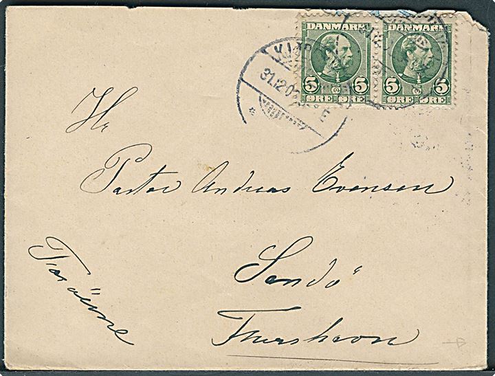 5 øre Chr. IX i parstykke på brev fra Kjøbenhavn d. 31.12.1906 til Sandø pr. Thorshavn på Færøerne. På bagsiden ank.stemplet Thorshavn d. 8.1.1907.