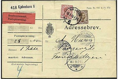 25 øre og 50 øre Chr. X på adressebrev for pakke med postopkrævning fra Kjøbenhavn d. 16.1.1919 til Faarevejle.