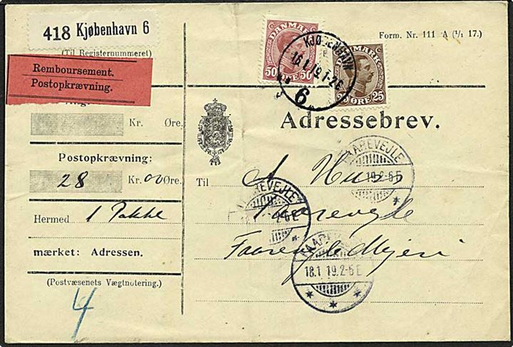 25 øre og 50 øre Chr. X på adressebrev for pakke med postopkrævning fra Kjøbenhavn d. 16.1.1919 til Faarevejle.