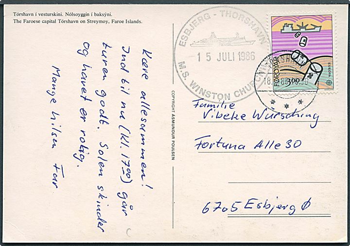 3 kr. Europa udg. på brevkort stemplet Tórshavn d. 18.7.1986 og sidestemplet Esbjerg - Thorshavn / M.S. Winston Churchill d. 15.7.1986 til Esbjerg.