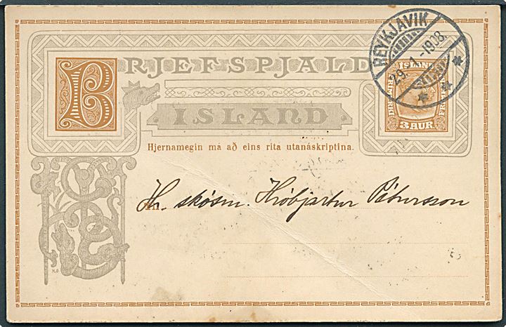 3 aur To Konger lokalt helsagsbrevkort stemplet Reykjavik d. 29.1.1908. Svag fold.